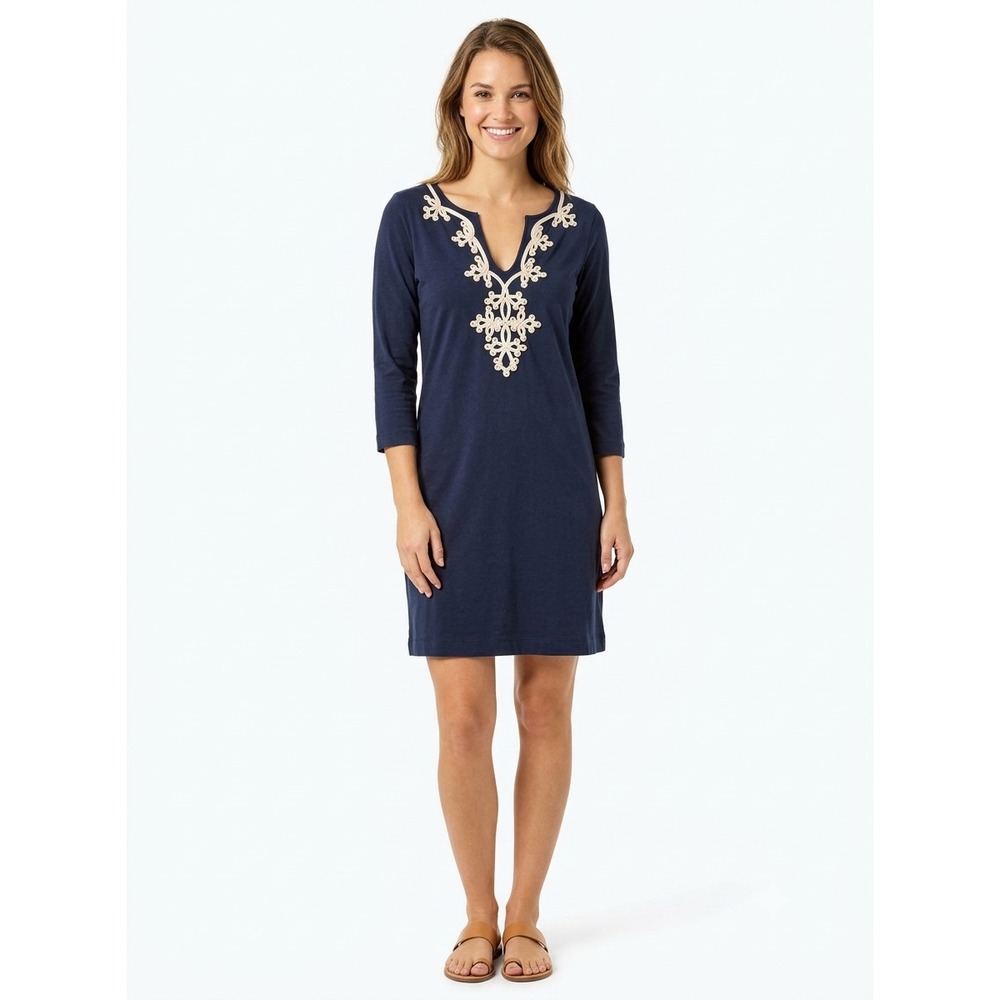 Lilly Pulitzer Marina Shift Dress Womens S Navy Blue Embroidered 20905 Coastal